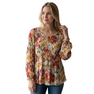 Hayley Matthews Floral Smocked Balloon Sleeve Top Women's Size L